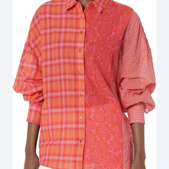 Desigual Patchwork Plaid Shirt Orange Pink Red Womens Small Oversized Button Up - Picture 3 of 15